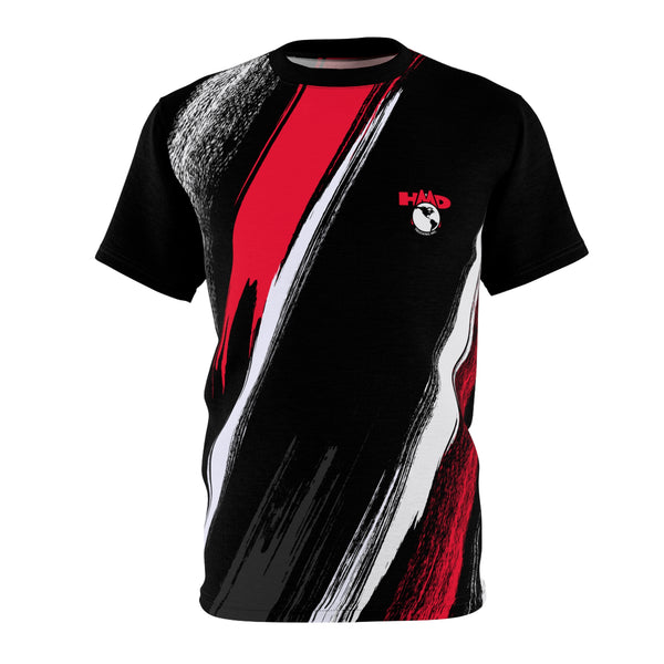 HMD Performance Tee — Red & White Streak Design, Front HMD Trucking Logo